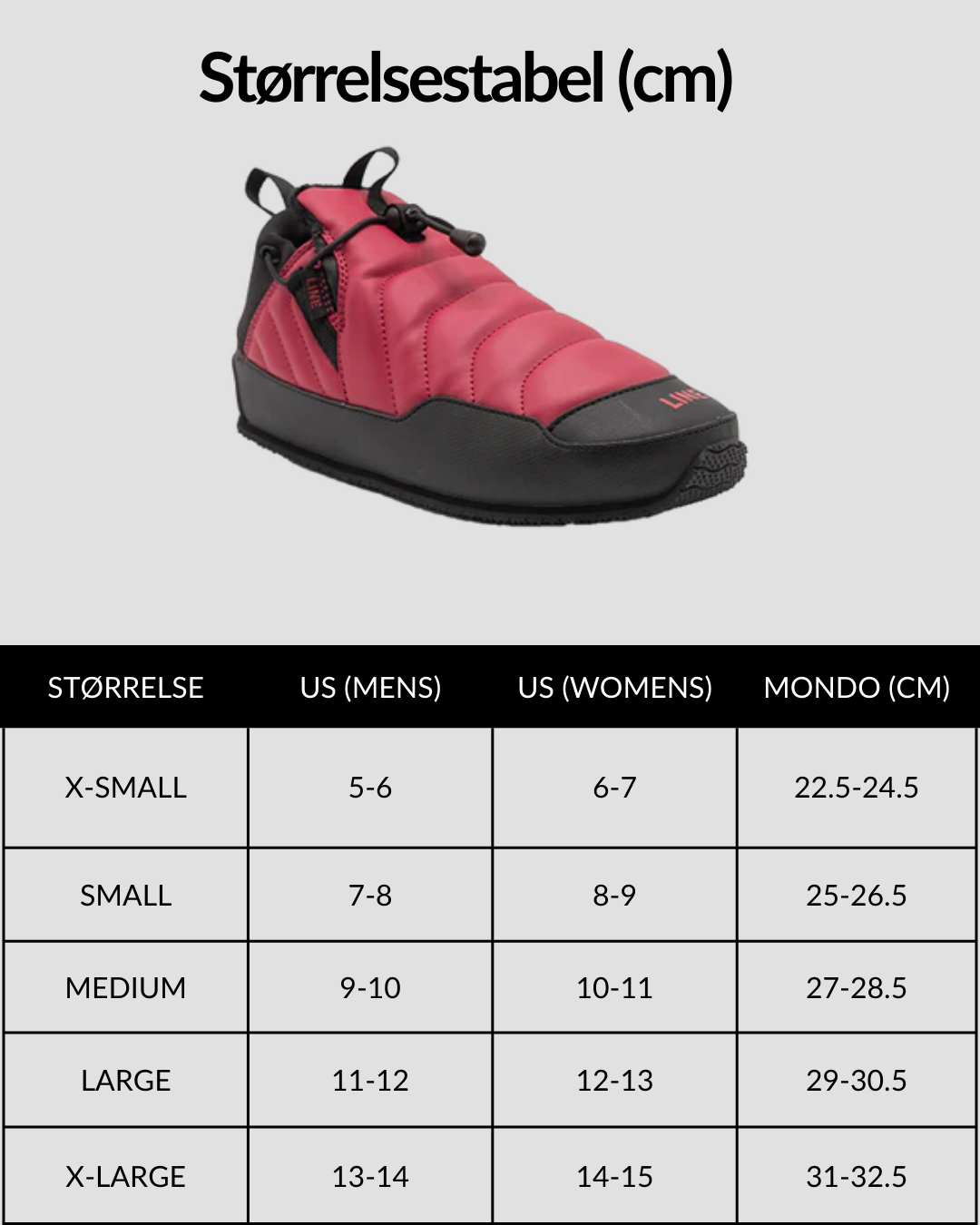 Line Bootie 1.0 i rød med størrelsesguide med grafik