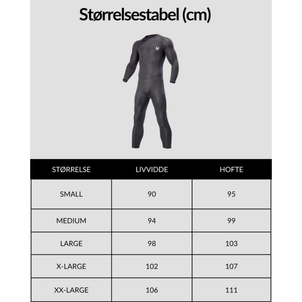 Massive Lang Våddragt til herre størrelsesguide med grafik