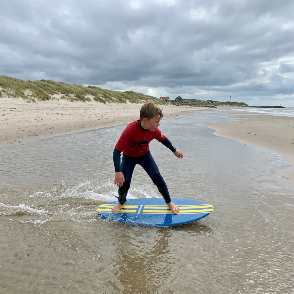 Dreng står på SURFMORE Classic Skimboard 37" Blue Stripe