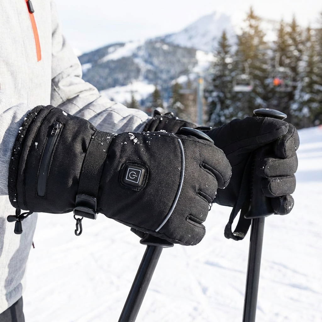 SnowRider HeatGloves 5000 Genopladelige varmehandsker i sort i sneen