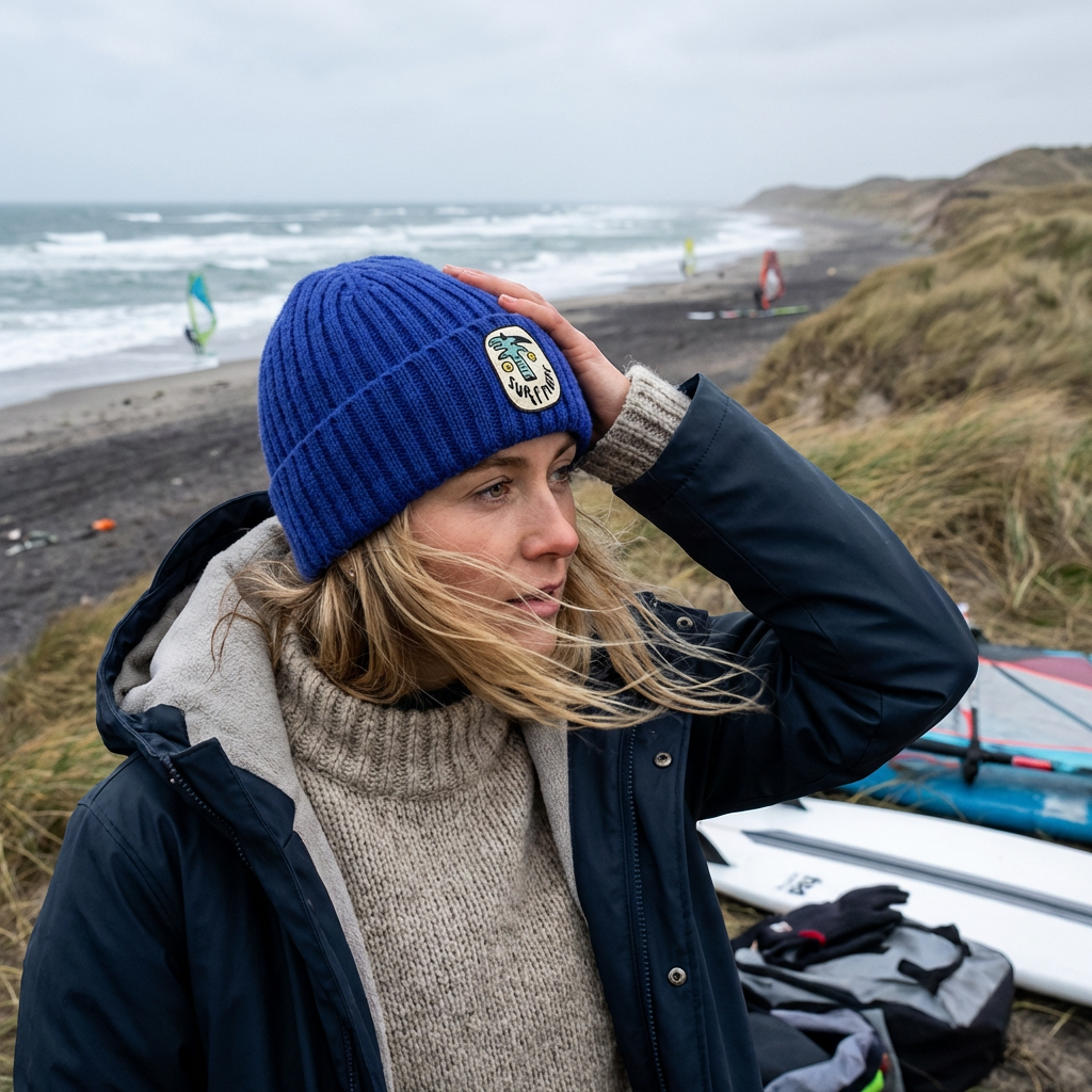 SURFMORE Ocean Beanie i blå på kvinde ved vesterhavet