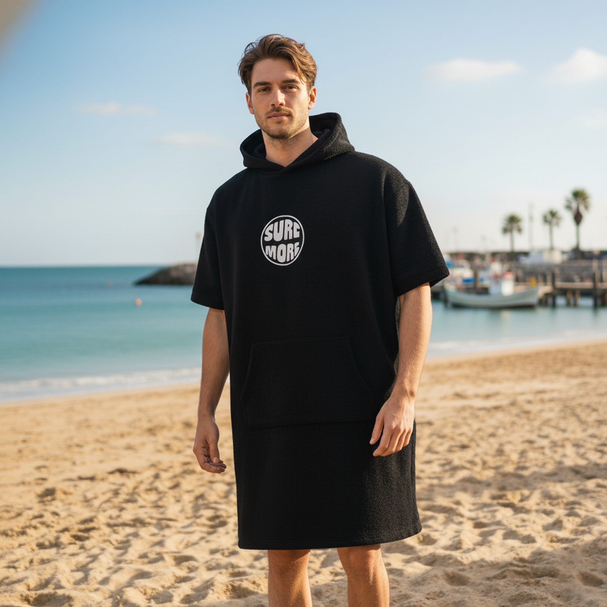 SURFMORE badponcho för vuxna - Bomull - Svart