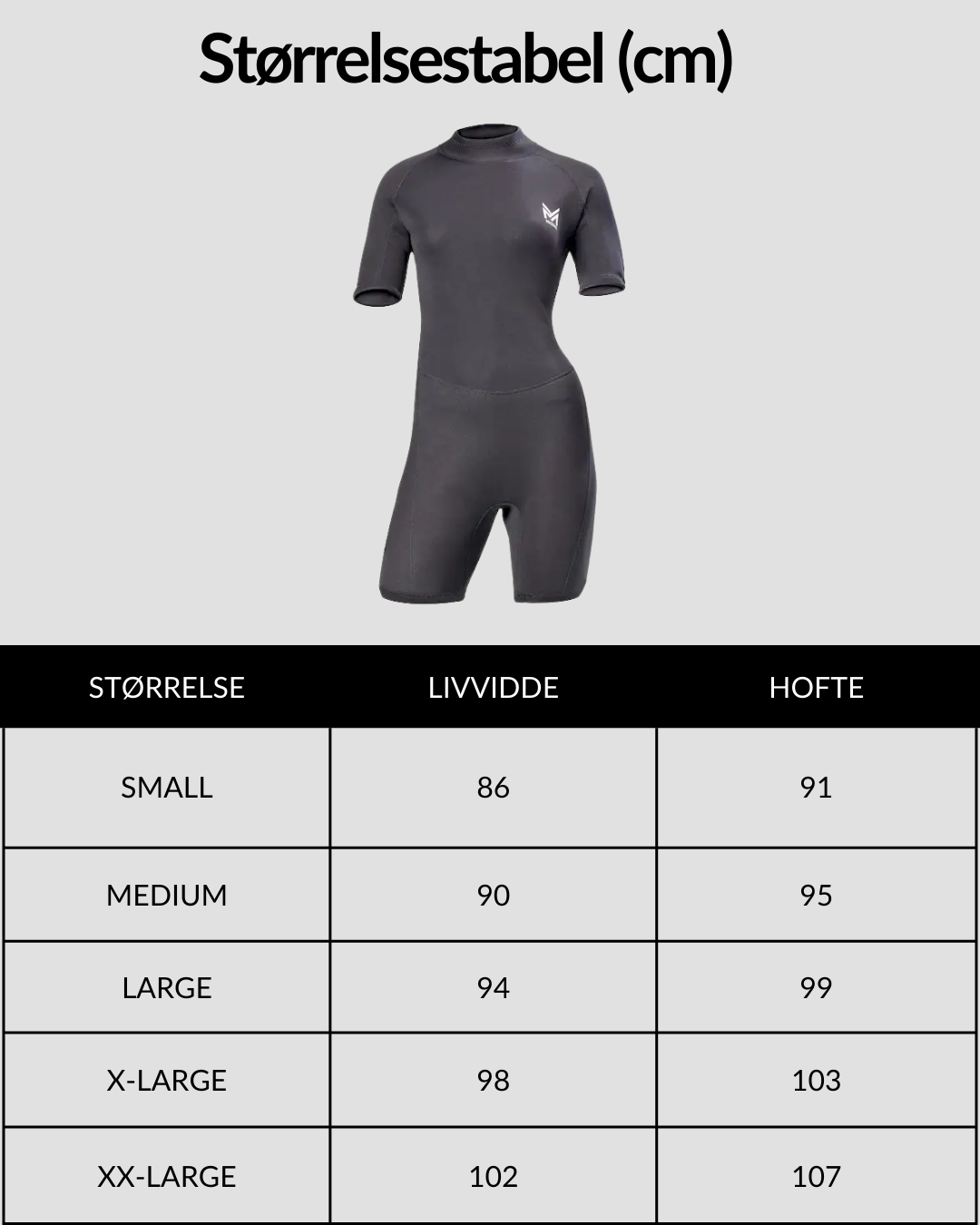 Massive Shorty Våddragt til dame størrelsesguide med grafik