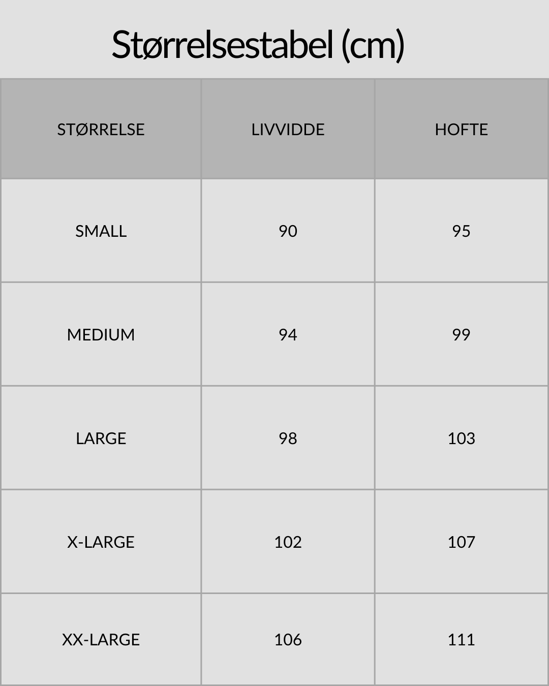 Massive våddragt Herre (3mm) i Sort - Størrelsestabel
