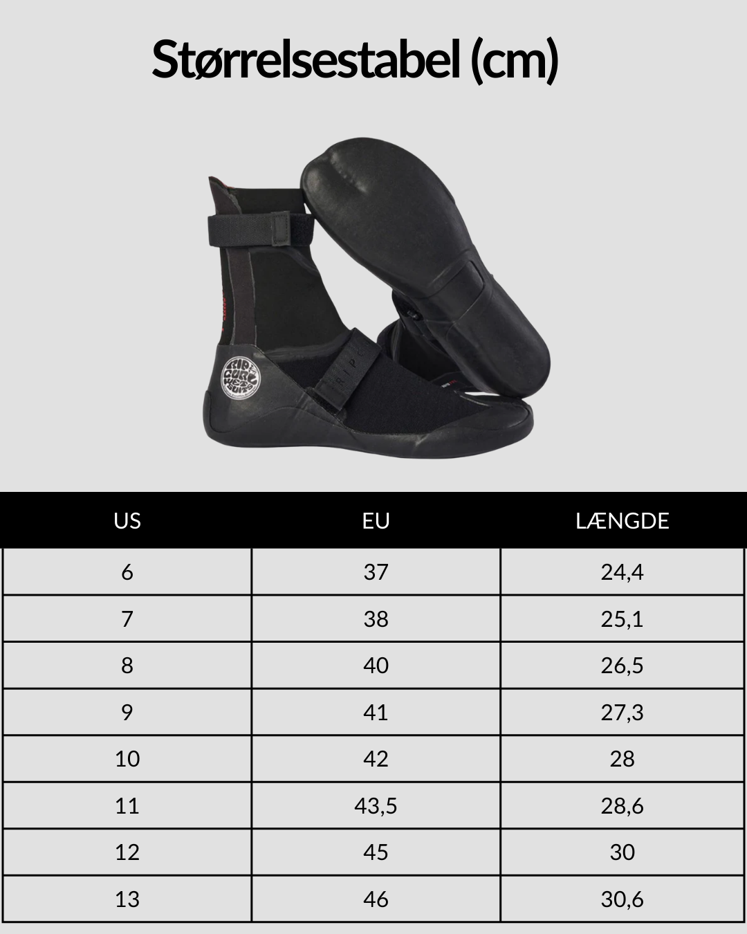 Rip Curl Flashbomb Neopren Sko i sort med størrelsesguide
