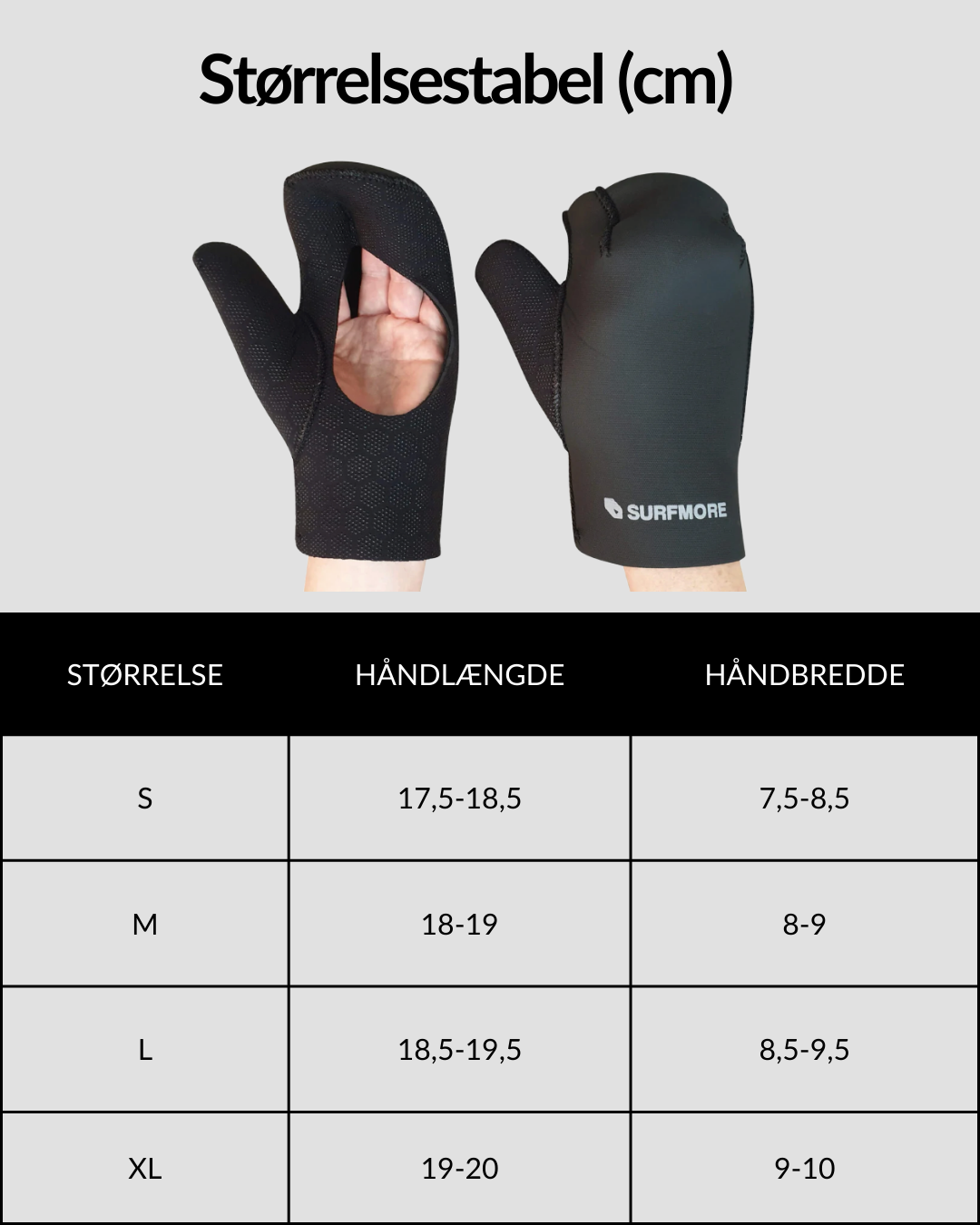 SURFMORE Neopren Luffer (3mm) i sort med størrelsesguide