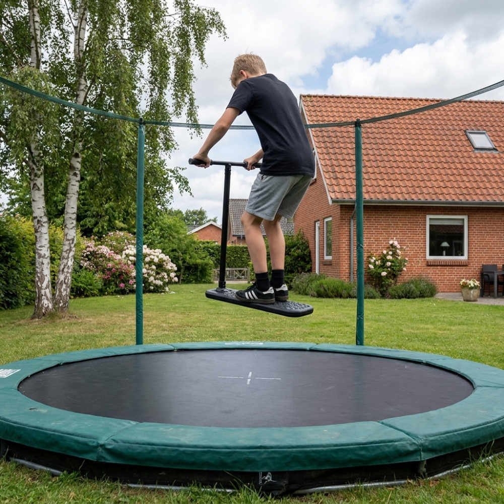 Dreng hopper højt på Cruze Trampolin Løbehjul på trampolin i haven