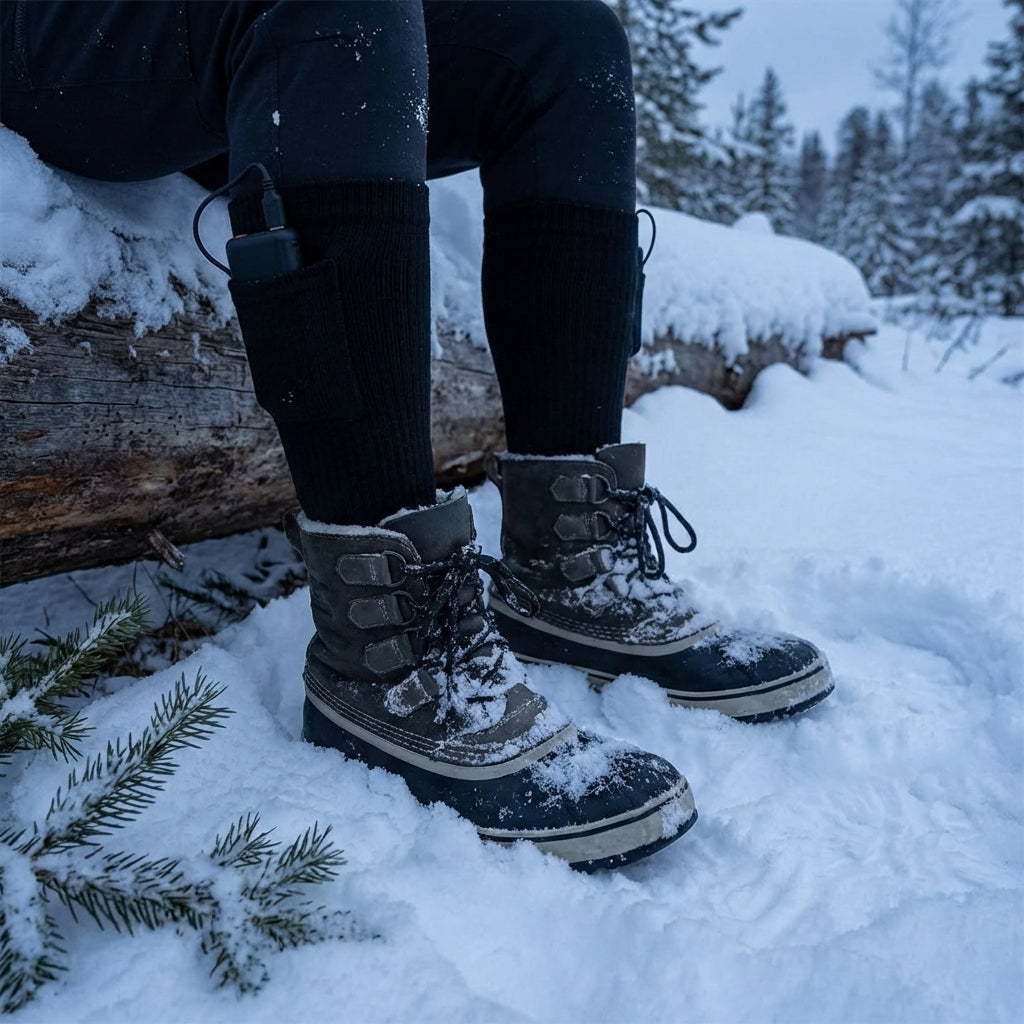 Varmesokker i sort ude i sneen
